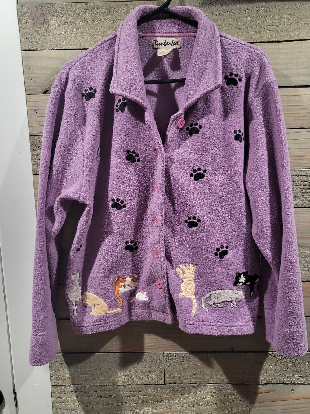 Vintage Timberlea Purple Embroidered Paw Print Button Down Sweater Jacket Plush